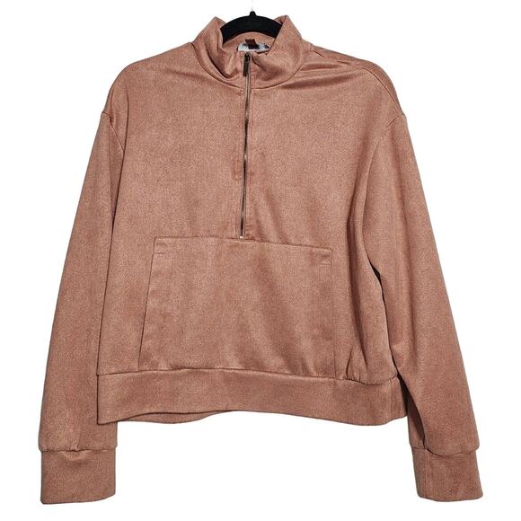 Tahari Womens Size M Mauve Faux Suede Half Zip Pullover Sweater Kangaroo Pocket - Picture 1 of 10